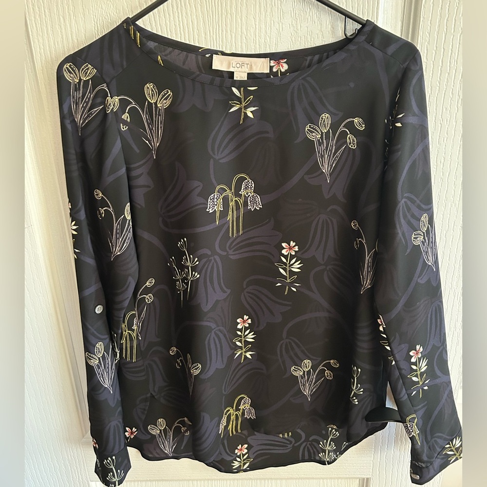 Loft Dark Floral Top With Yellow And White Accents